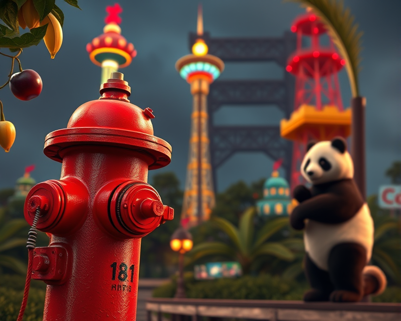 fire hydrant, plum, banana, panda, tower